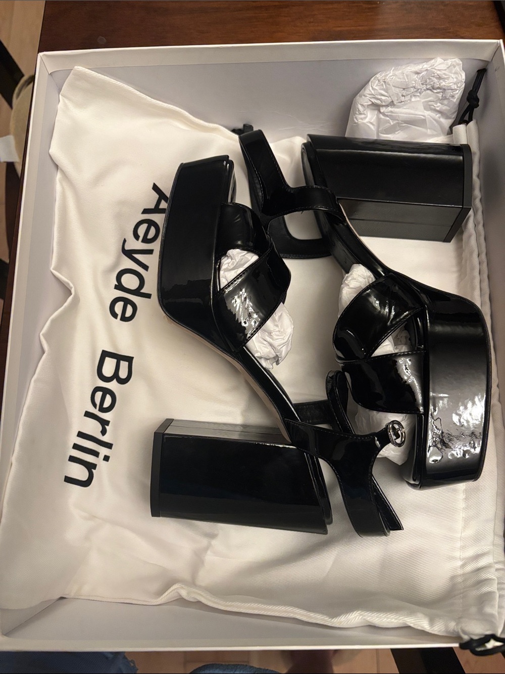 NEW Aeyde Black Patent Platform Sandals